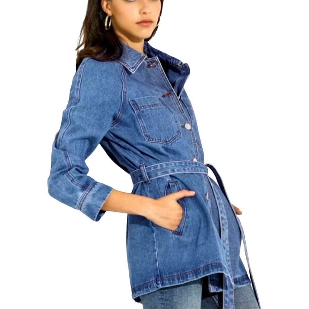 Allegra K Women’s Denim Belted Button-Front Jacket Blue Size M Mid-Length